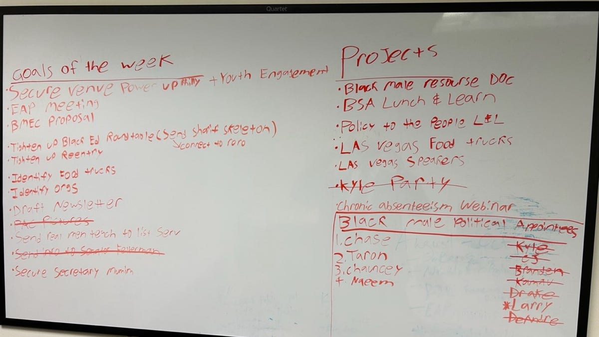 Whiteboard astatine Department of Education shows Biden admin's DEI priorities.
