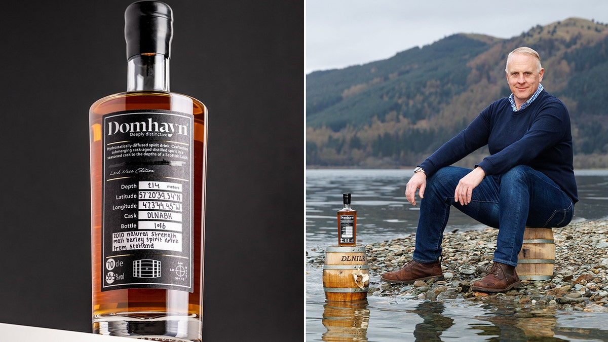 A Domhayn bottle submerged in Loch Ness is pictured, left. Domhayn founder James Patterson poses for a photograph while sitting on a cask of the spirit in front of Loch Ness.