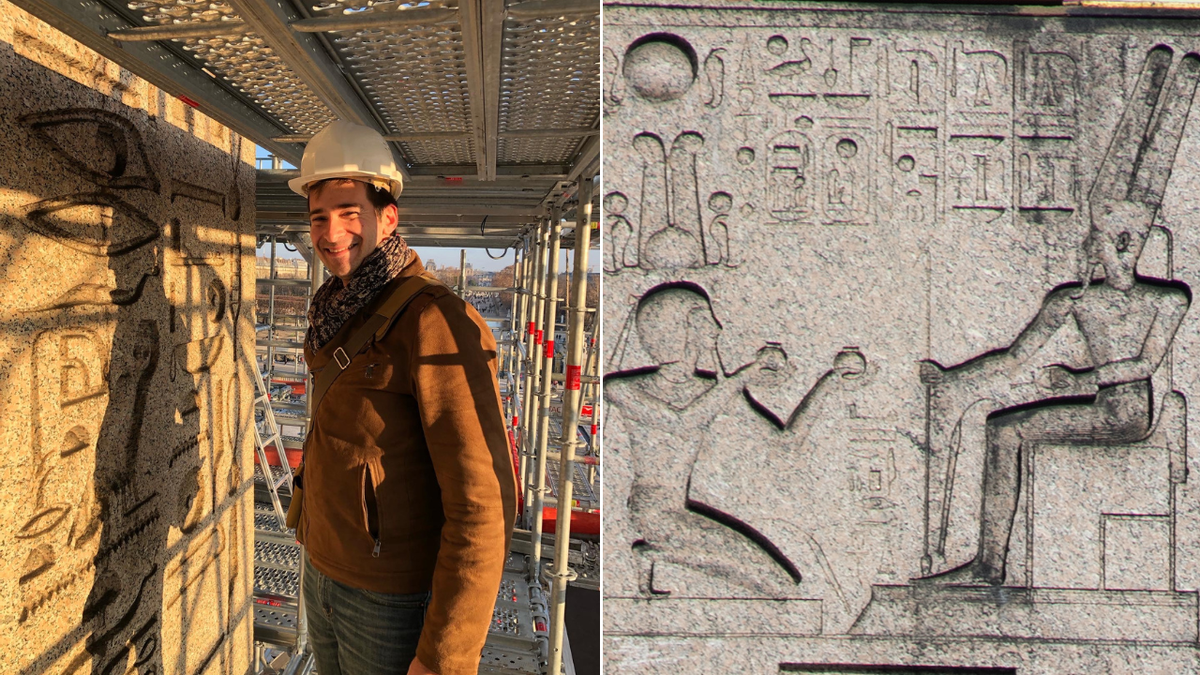 Jean-Guillaume Olette-Pelletier next to obelisk