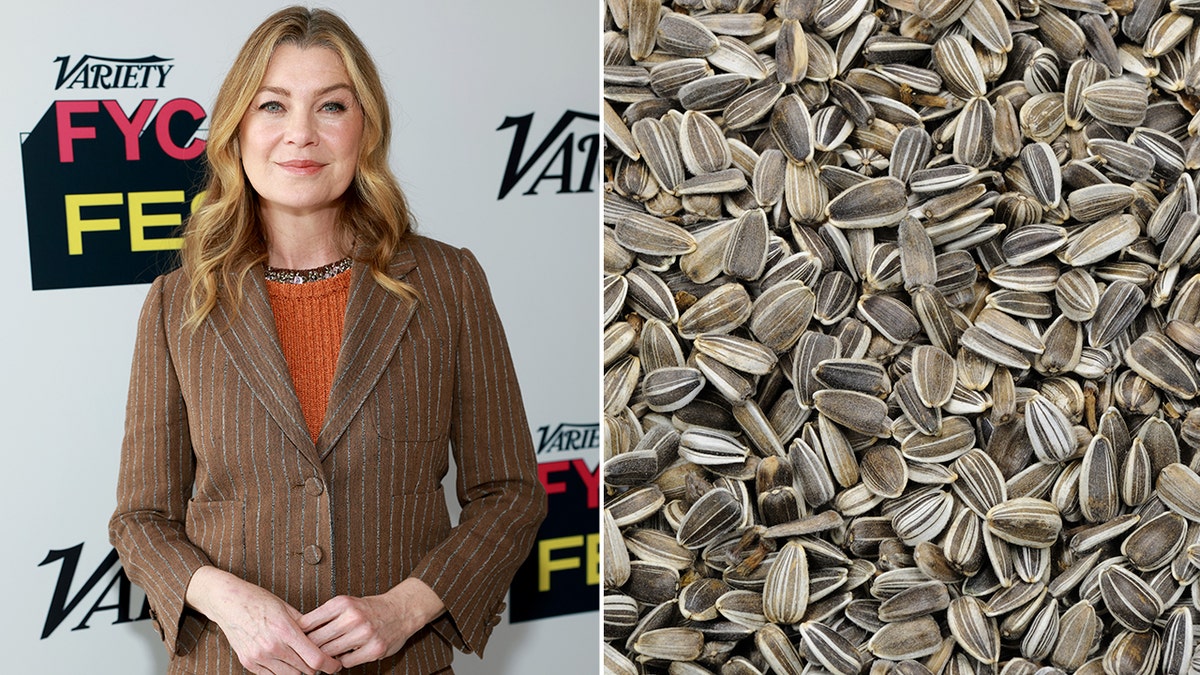 Ellen Pompeo is pictured at Variety's FYC TV FEST in 2025, left. Sunflower seeds are shown, right.