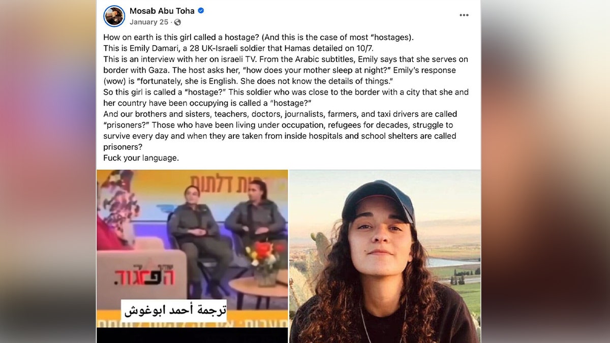 Pulitzer Prize-winning Palestinian poet Mosab Abu Toha appeared to attack Israeli hostage Emily Damari, who lost two fingers after getting shot by Hamas terrorists, on social media.