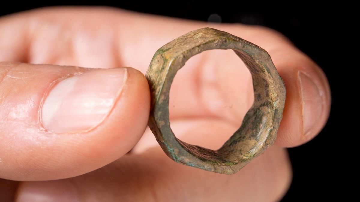 Close-up of chunky Roman ring