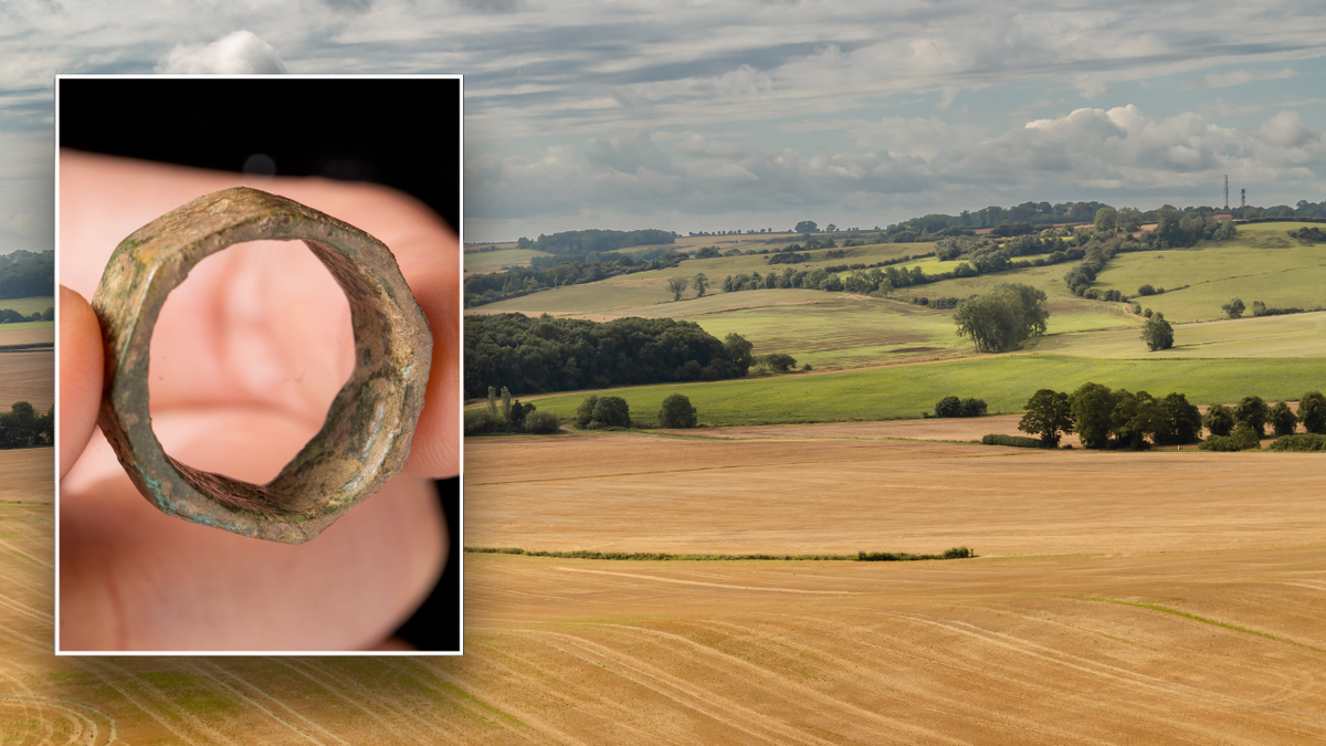 Split image of Roman ring and countryside