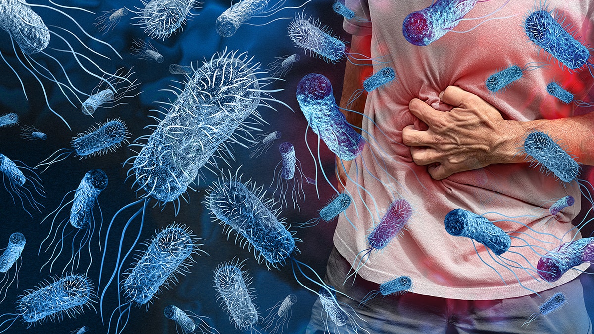 A man clutches his stomach as microscopic images of food poisoning bacteria are shown.