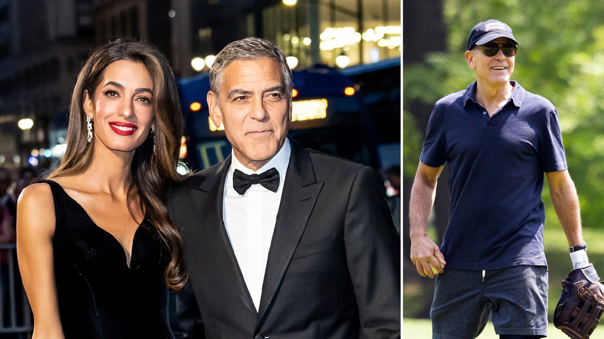 George Clooney wears blue shirt to play softball