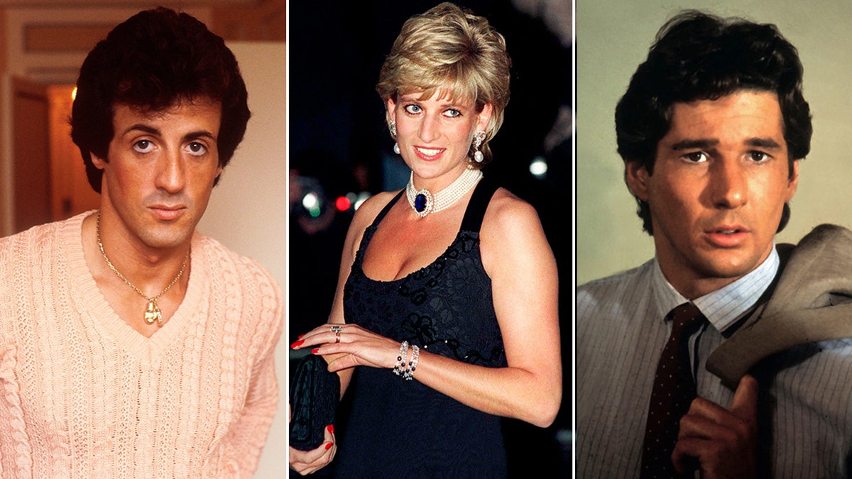 A split side-by-side photo of Sylvester Stallone, Princess Diana and Richard Gere.