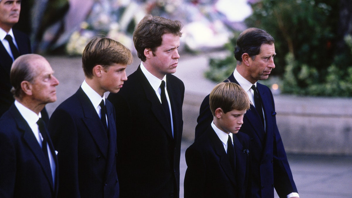 Earl Charles Spencer walking with the British royal family at Princess Diana's funeral.