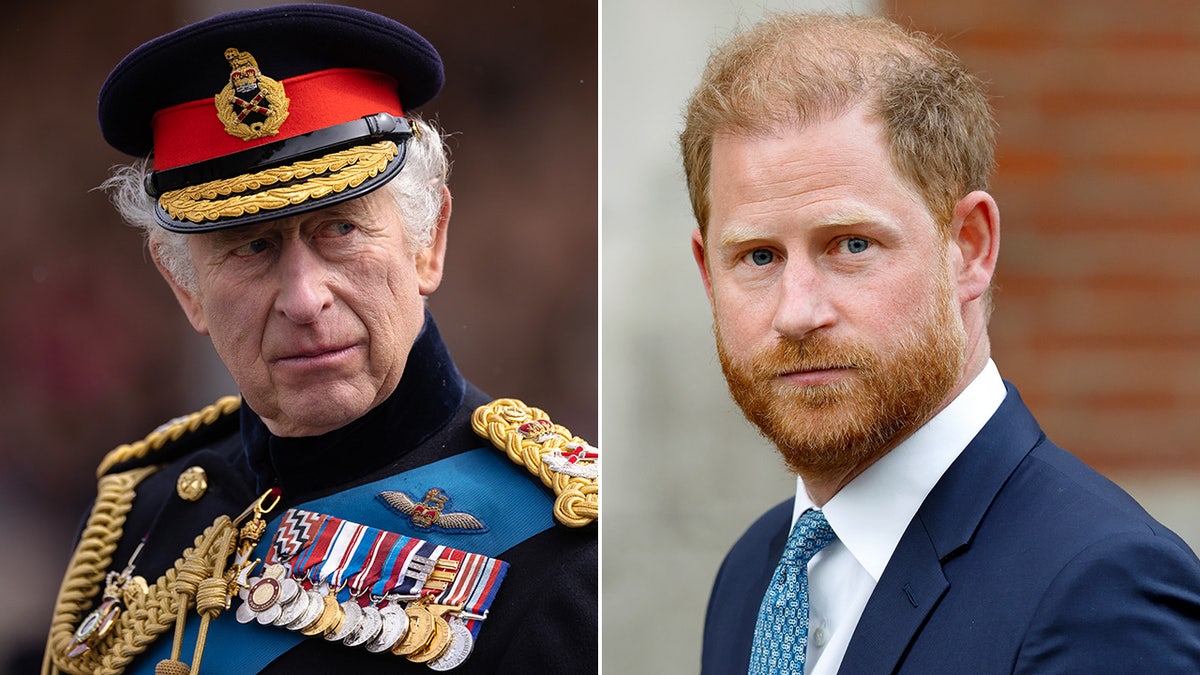 Split side-by-side image of King Charles and Prince Harry.