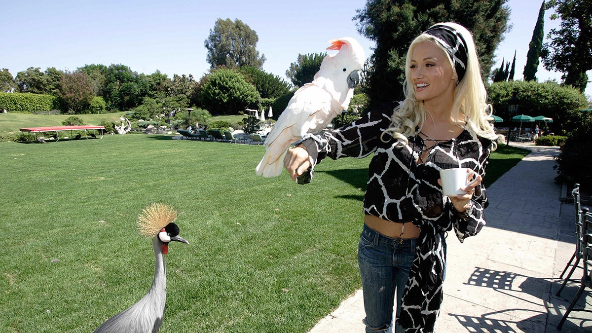 Holly Madison with parrots on her arm.