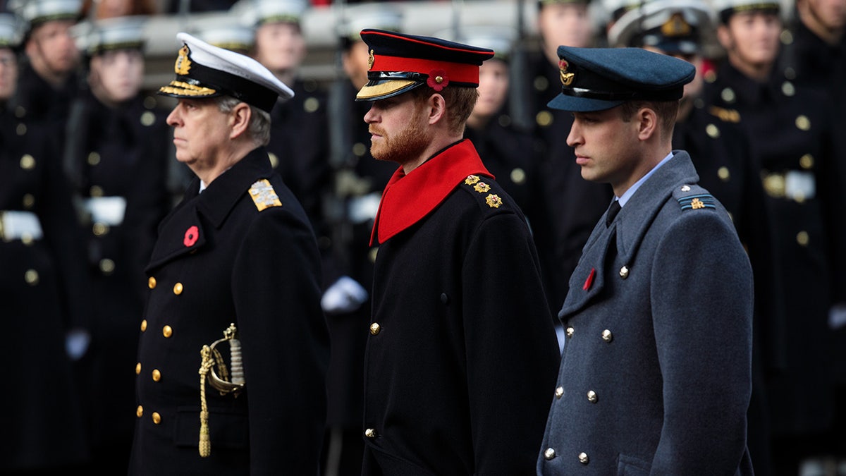 Prince William standing behind Prince Andrew and Prince Harry in uniform.