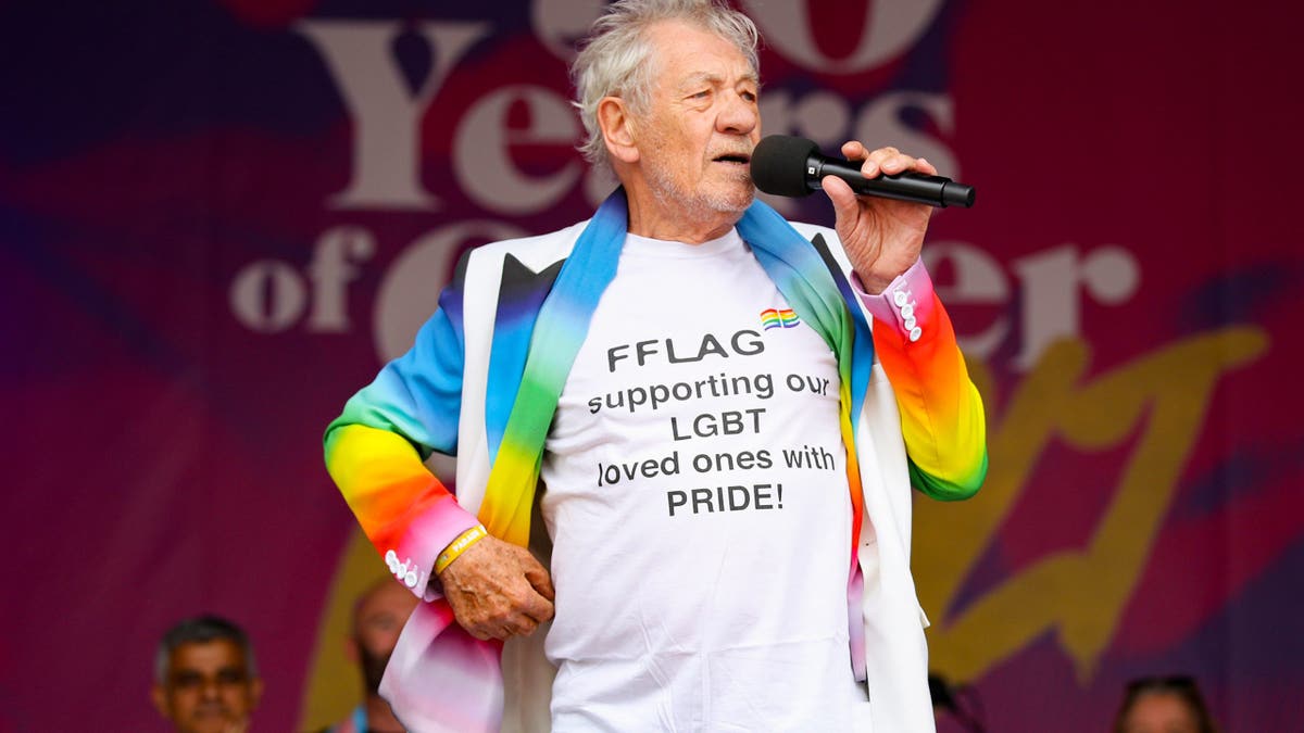 Sir Ian McKellen speaks at a Pride event in 2019
