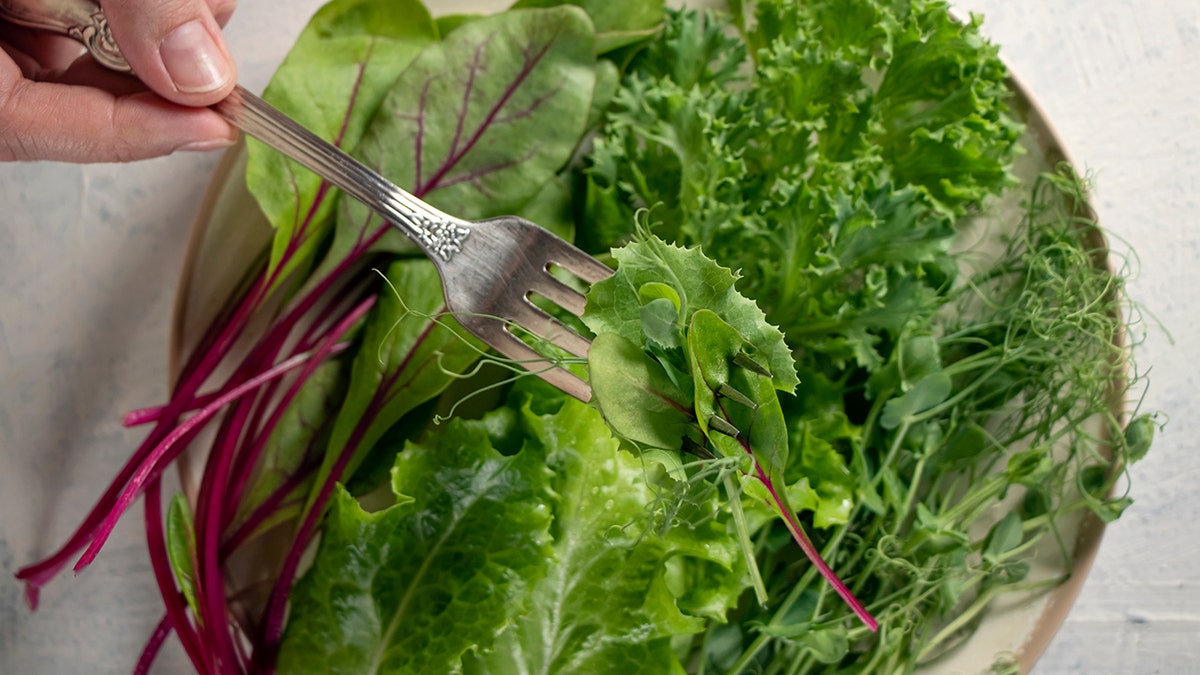 A bowl of leafy greens, pictured from a bird's eye view (top down angle). There is a fork skewering some of the leaves and lifting it closer to the plate.
