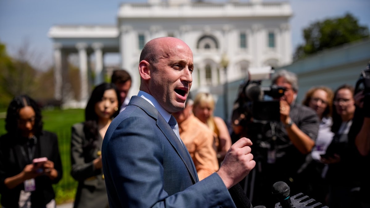 White House Deputy Chief of Staff Stephen Miller speaks to reporters outside the West Wing of the White House on April 18, 2025 in Washington, DC. (Andrew Harnik/Getty Images)