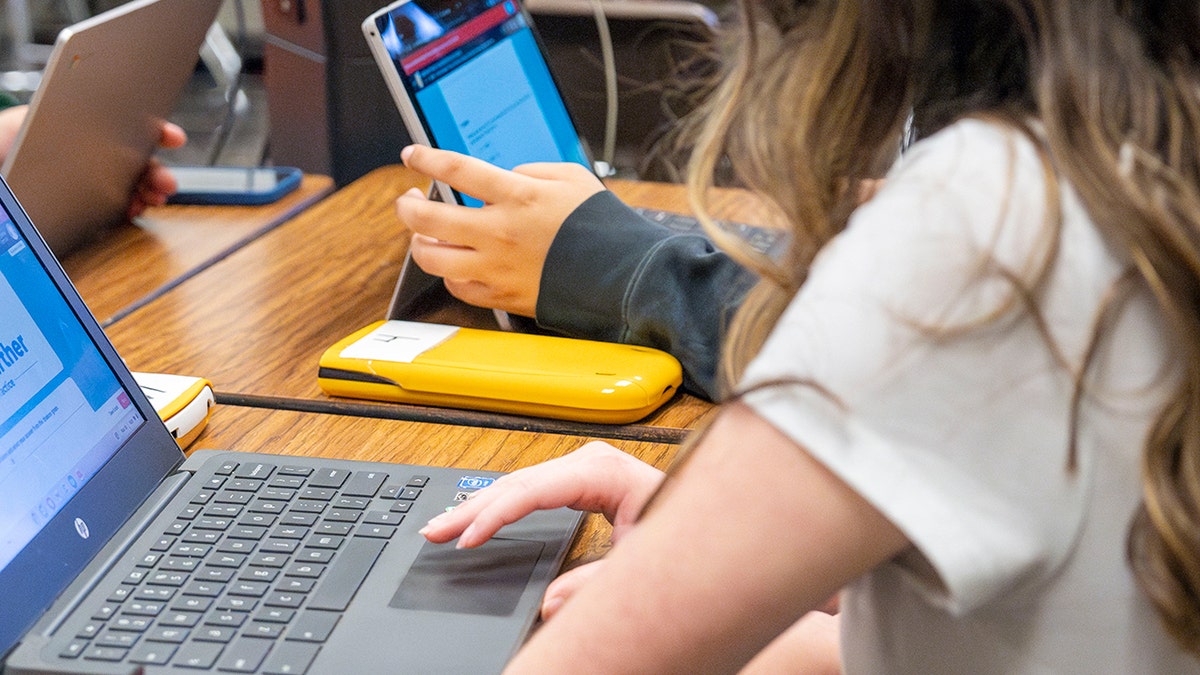 High school students using laptops
