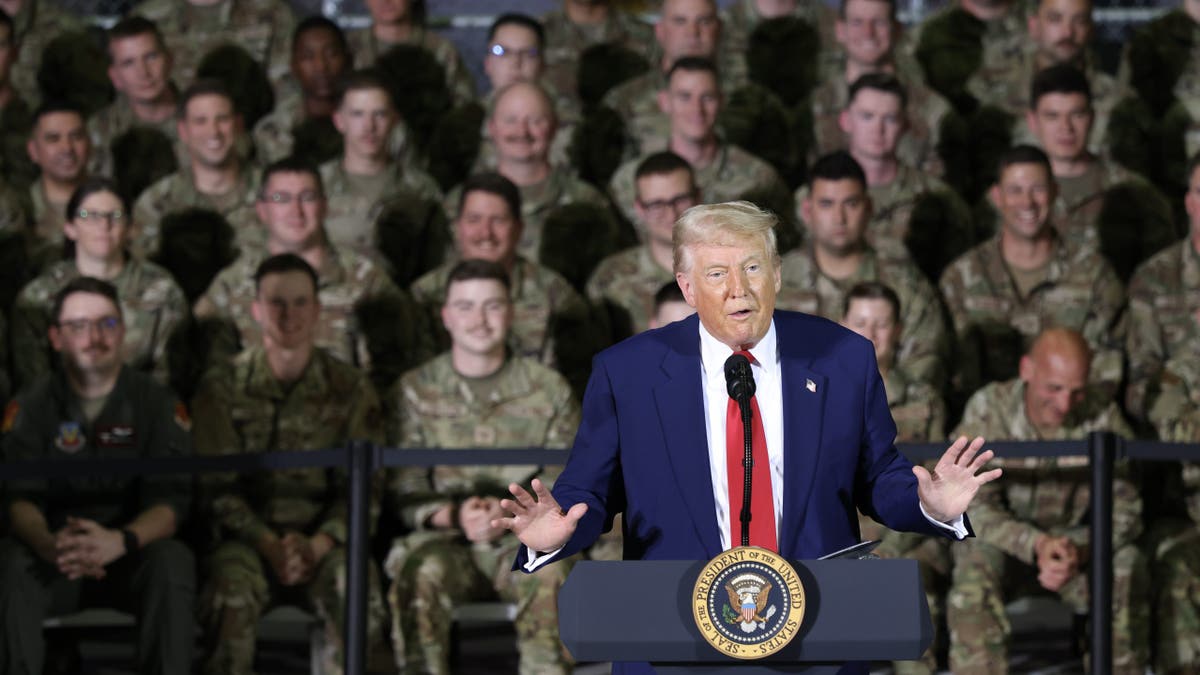 SELFRIDGE ANGB, MICHIGAN - APRIL 29: U.S. President Donald Trump speaks during a visit with Michigan Air National Guard troops on April 29, 2025 at Selfridge Air National Guard Base, Michigan. Trump will travel to Macomb Community College in Warren, Michigan to hold a rally where he is expected to highlight his accomplishments during his first 100 days in office, including closing the border, job creation and the economy. (Photo by Scott Olson/Getty Images)