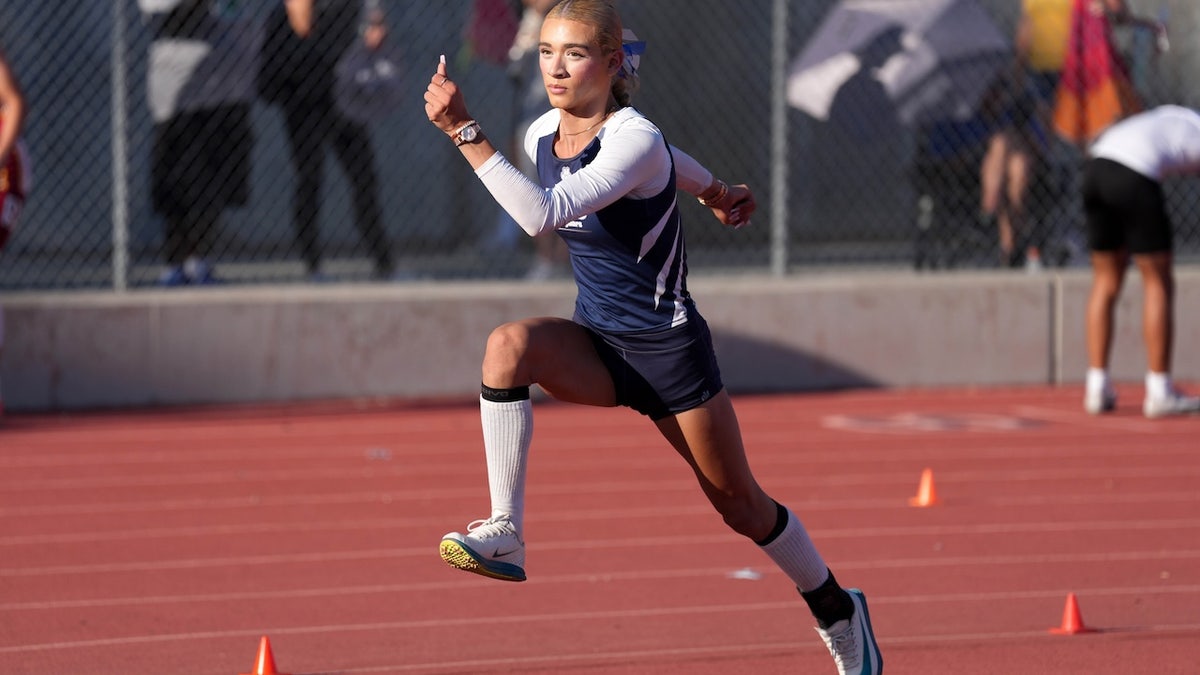 AB Hernandez of Jurupa Valley competes in the girls' high jump during the CIF Southern Section Division 3 Track and Field preliminaries at Nathan Shapell Memorial Stadium at Yorba Linda High School on May 10, 2025, in Yorba Linda, California. 