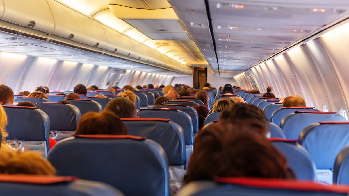 Flight passenger hides suitcase behind curtain as attendants miss the violation 3 Interior of a crowded airplane with blue seats showing passengers sat, pictured from behind