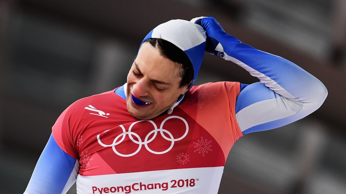 Adam Edelman of Israel reacts in the finish area during the Men's Skeleton heats at the Olympic Sliding Centre on Feb. 16, 2018 in Pyeongchang-gun, South Korea.