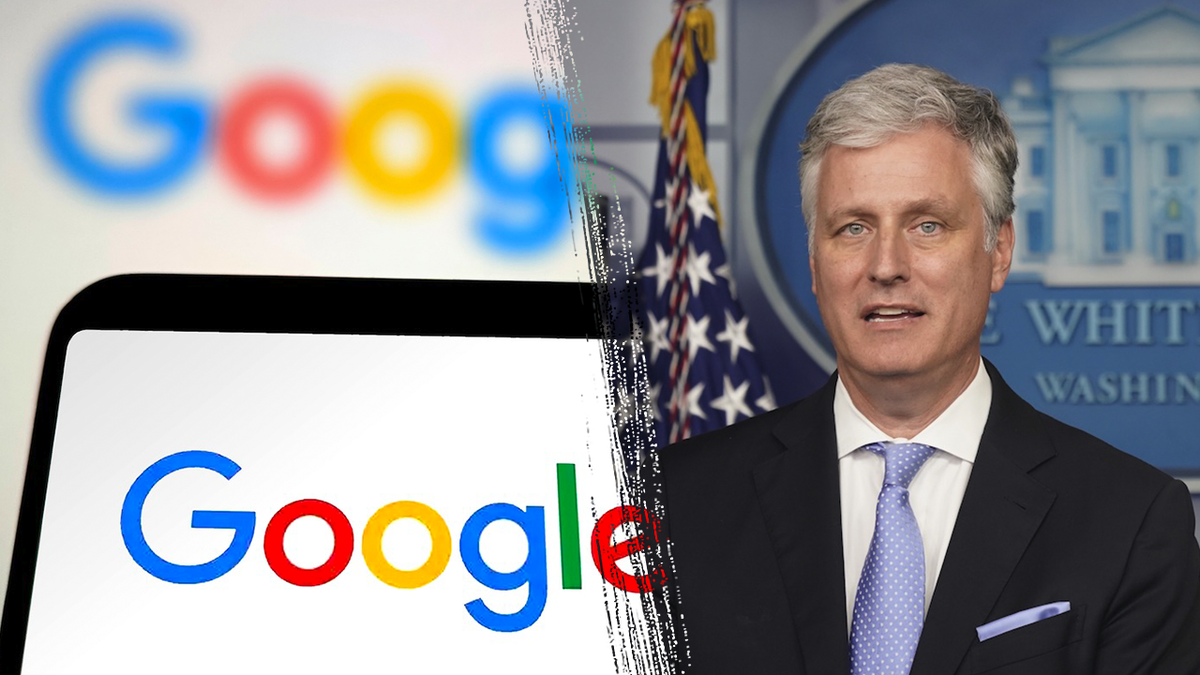 split photo of google logo displayed on phone and Robert O'Brien at the White House press office