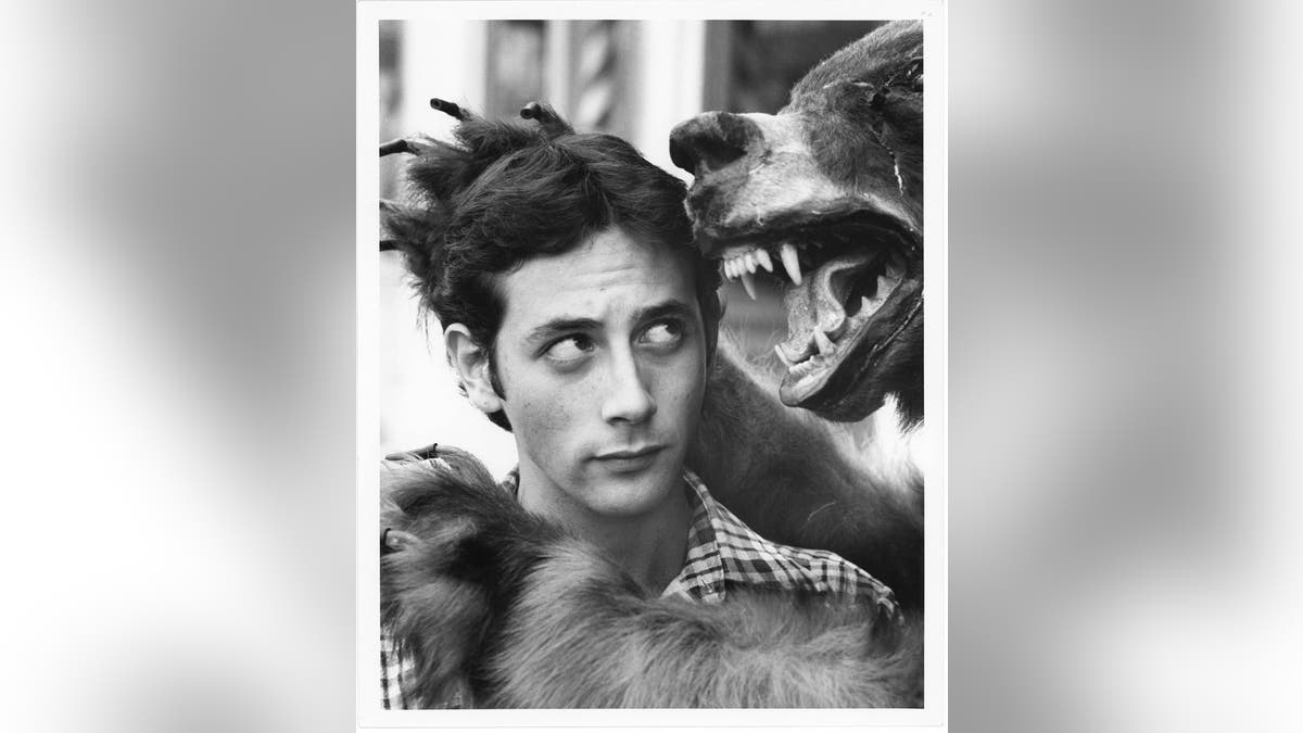 Paul Reubens looking up at a bear.