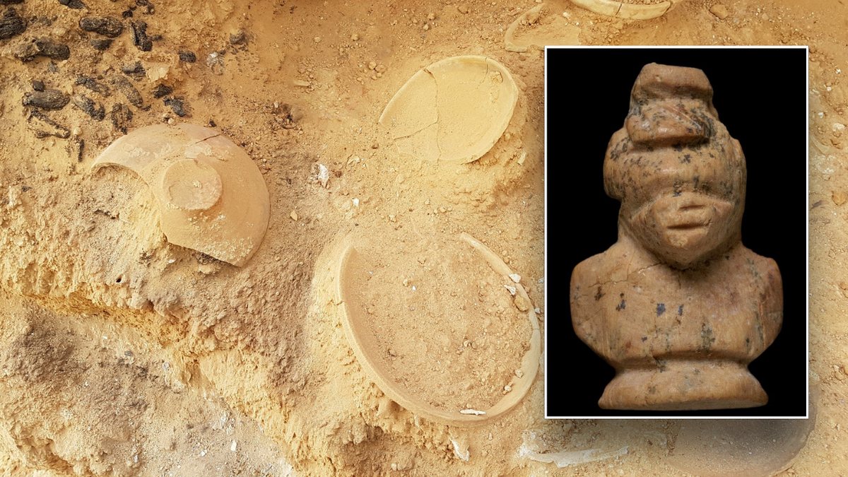 Split image of figurine, artifacts