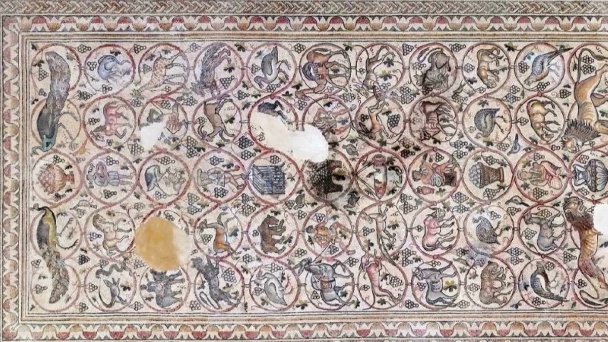 Byzantine-era mosaic from Israeli monastery reveals glimpse into ancient life Aerial of Byzantine mosaic