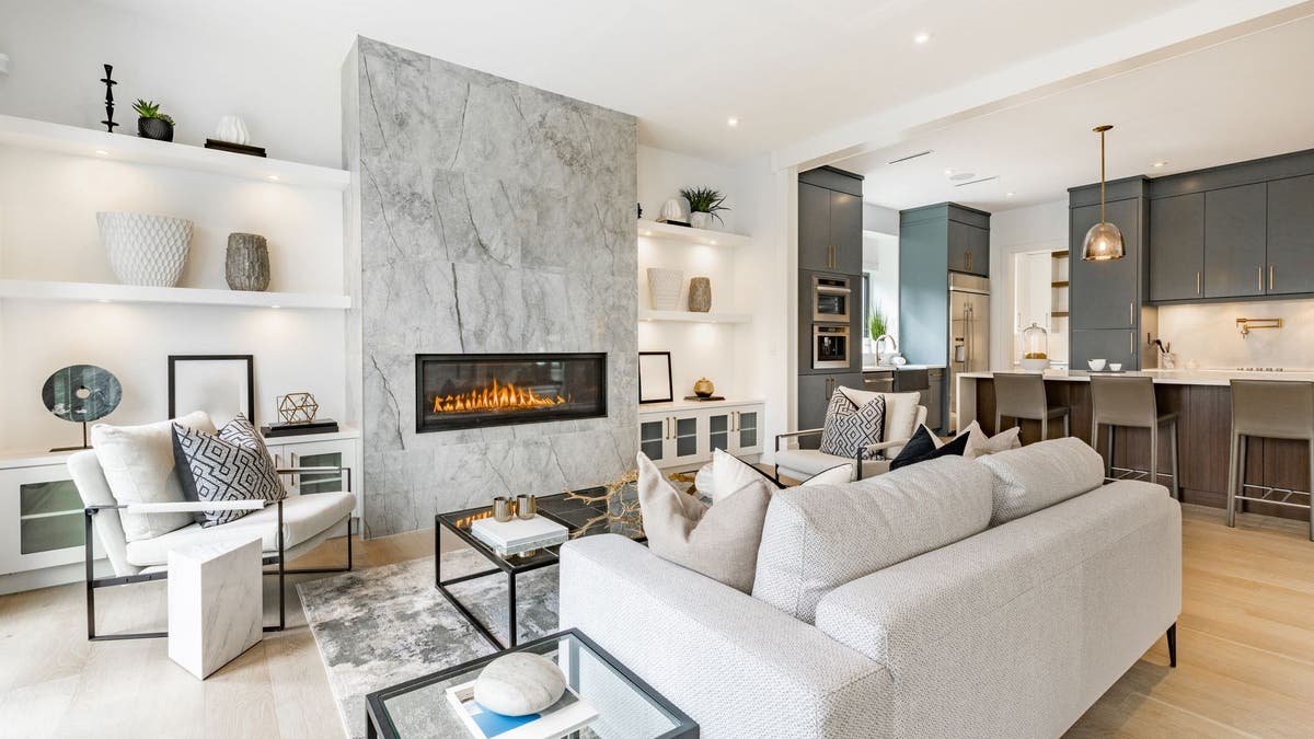 A modern modern surviving country with a fireplace and achromatic furniture