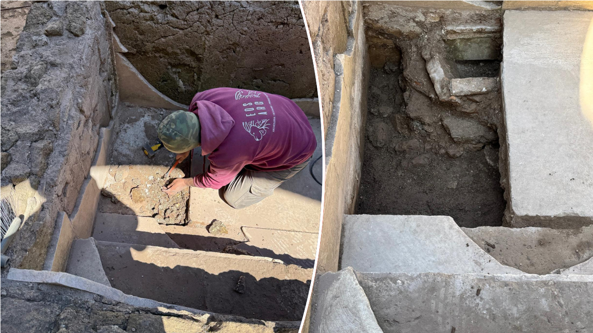 Split image of archaeologists digging around stone