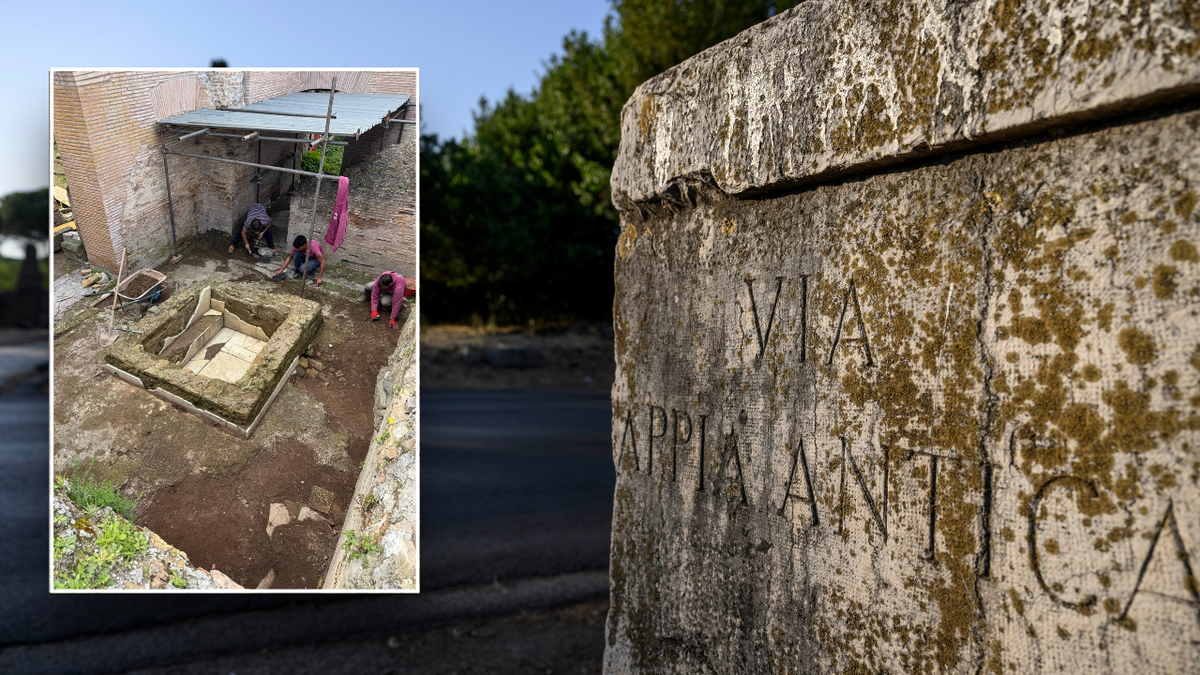 Split image of excavation, park sign