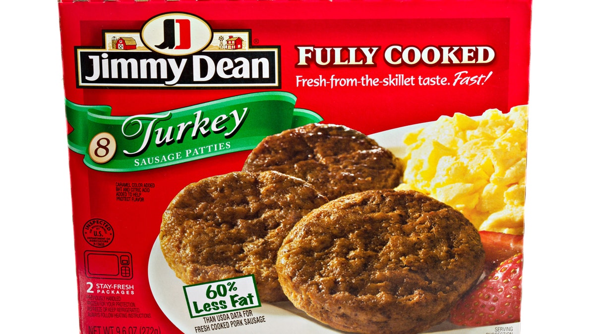 A box of Jimmy Dean's frozen turkey sausage patties is shown on a white background.