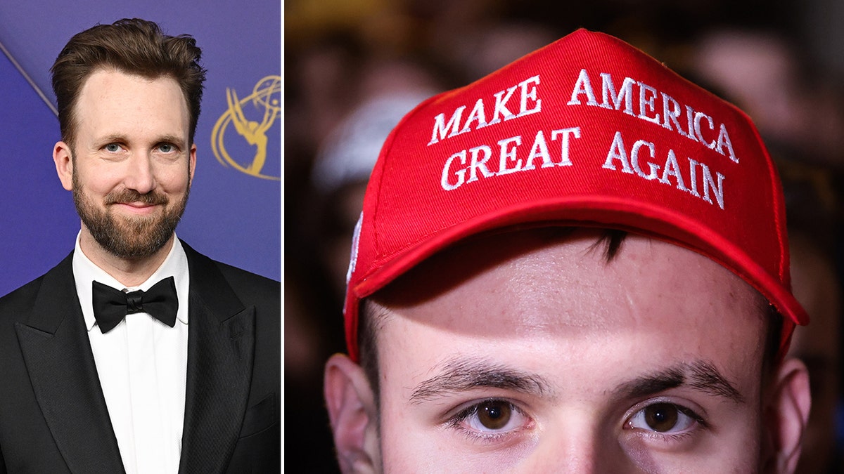 Jordan Klepper next to young man wearing a red MAGA hat