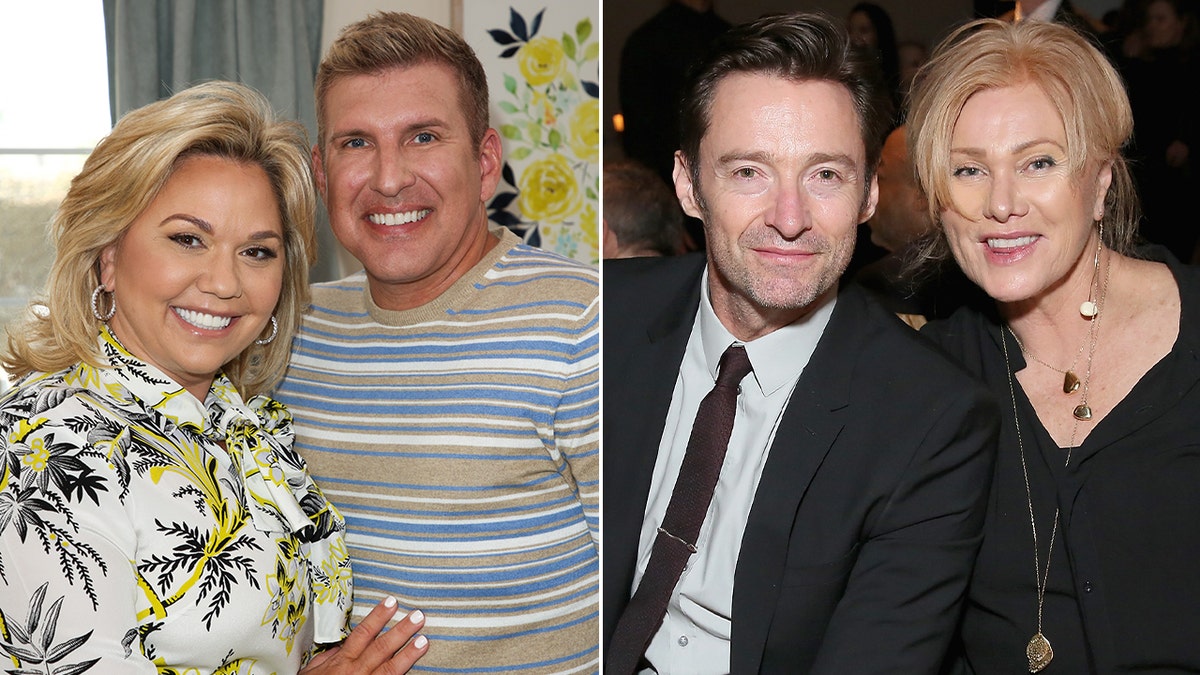 A divided image of Julie and Todd Chrisley and Hugh Jackman and Deborra-Lee Furness