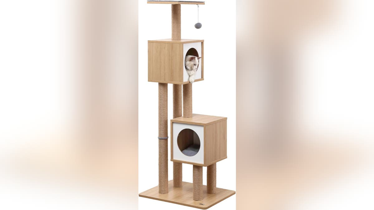 This cat tress has two cubbies and plenty of scratching areas.