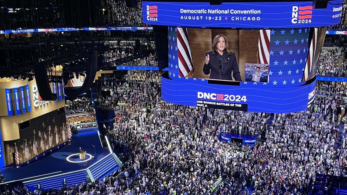 Then-Vice President Kamala Harris delivers her presidential nomination acceptance speech at the Democratic National Convention, on August 22, 2024 in Chicago, Illinois