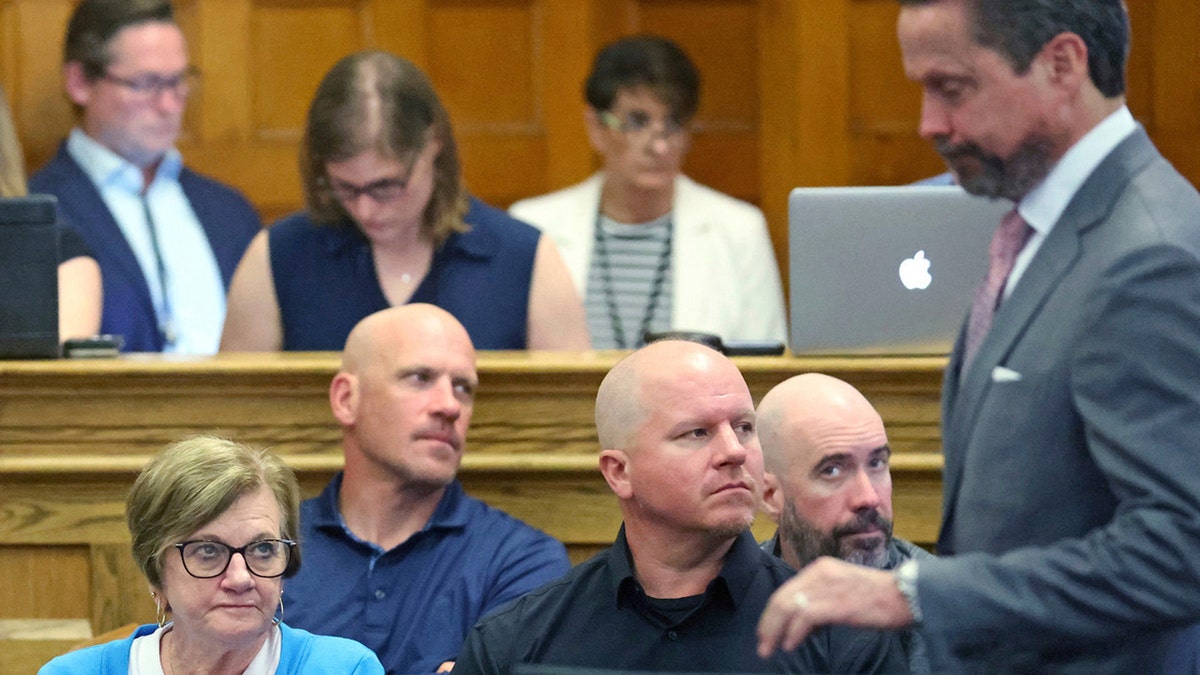 Victim John O'Keefe's mother looks at Karen Read's lawyer in court during her trial.