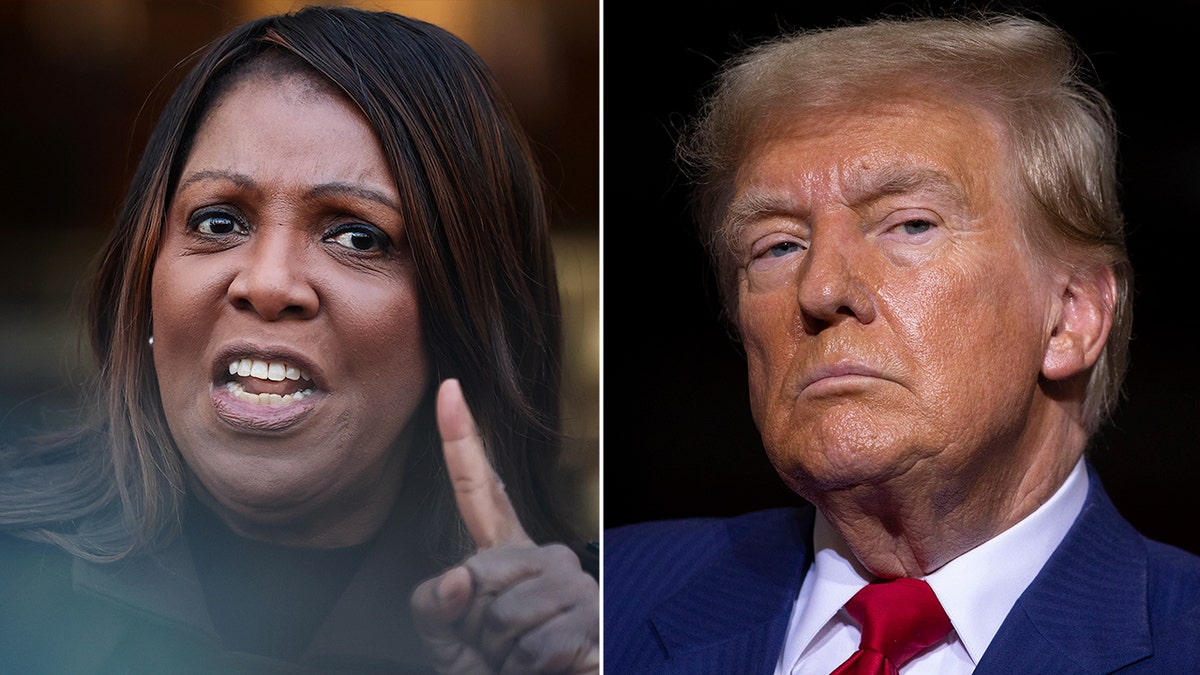 split photograph of letitia james making angry manus gesture, donald trump successful bluish suit