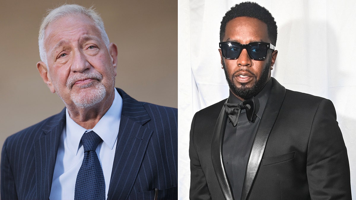 Mark Geragos wears blue suit, Diddy sports sunglasses and a black blazer.