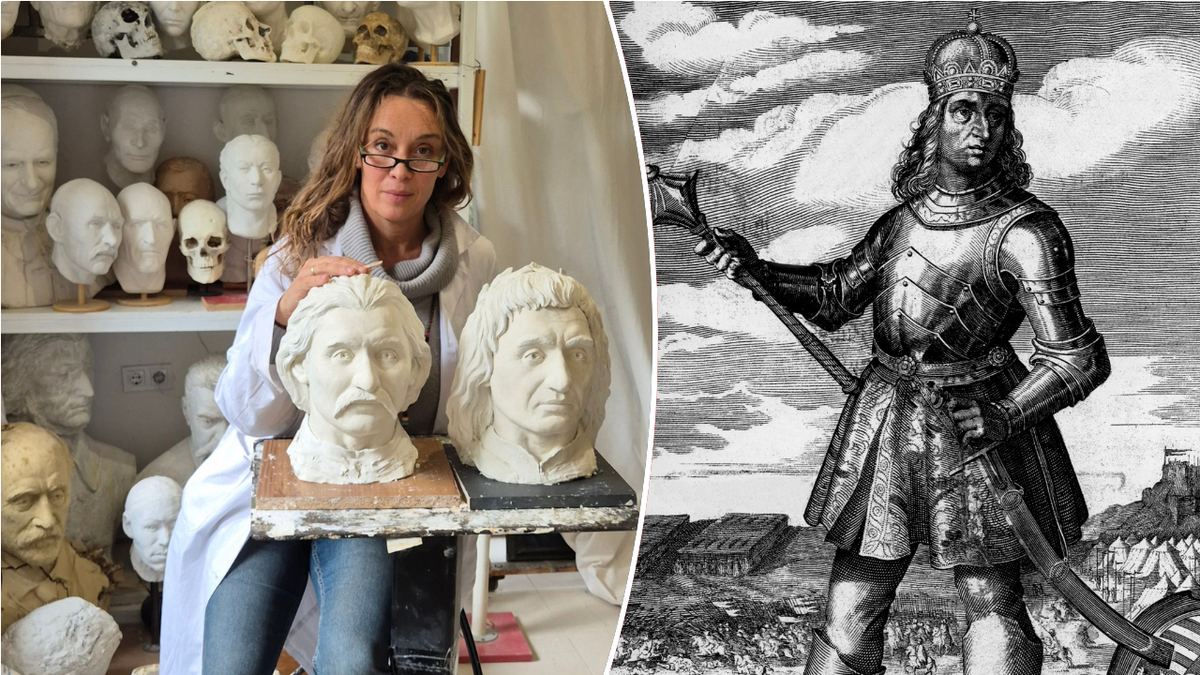 Split image of Gábor and medieval king
