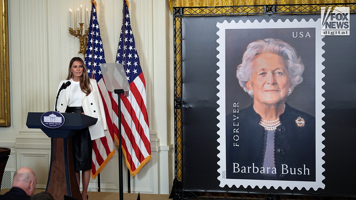 First lady Melania Trump hosts the unveiling of the Barbara Bush stamp in the East Room at the White House