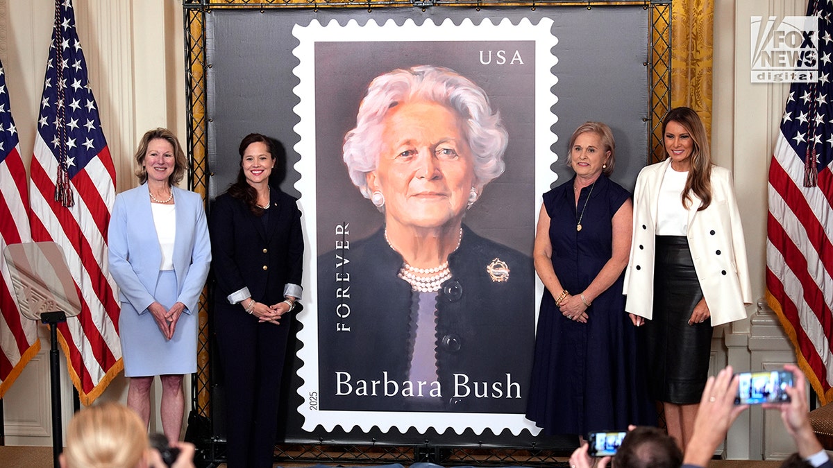 First lady Melania Trump hosts the unveiling of the Barbara Bush stamp in the East Room at the White House