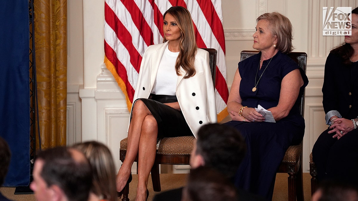 First lady Melania Trump hosts the unveiling of the Barbara Bush stamp in the East Room at the White House