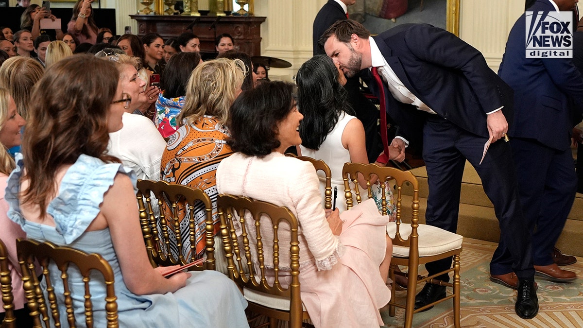 JD Vance and Usha Vance attend an event for military moms in the White House hosted by First lady Melania Trump