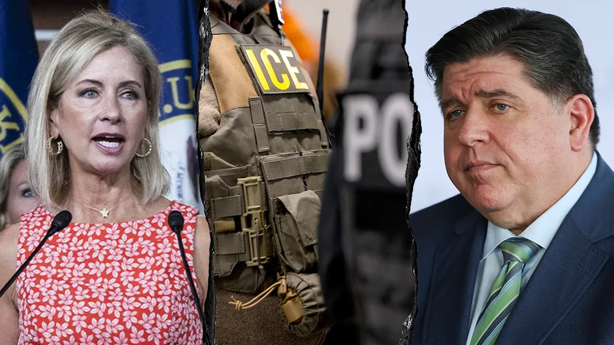 Rep. Mary Miller, left; Gov. Pritzker, right, ICE officers center