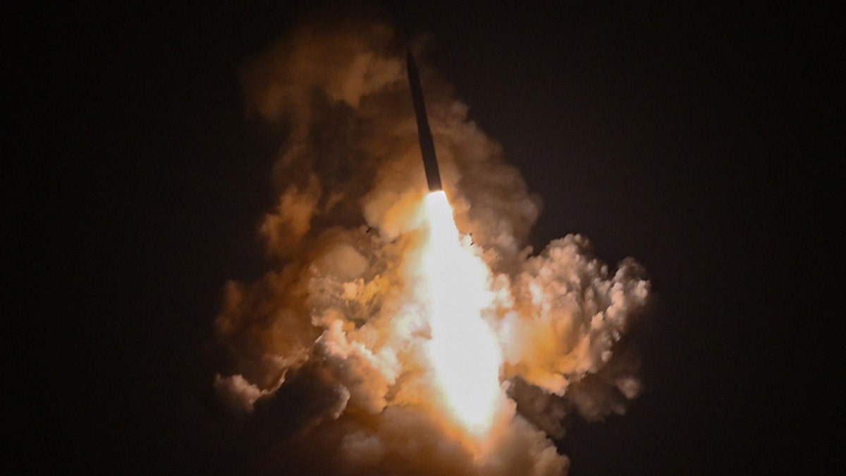 ICBM fiery launch in the night sky