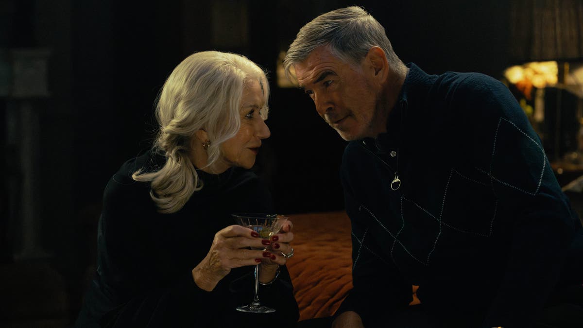 helen mirren looking at pierce brosnan in mobland