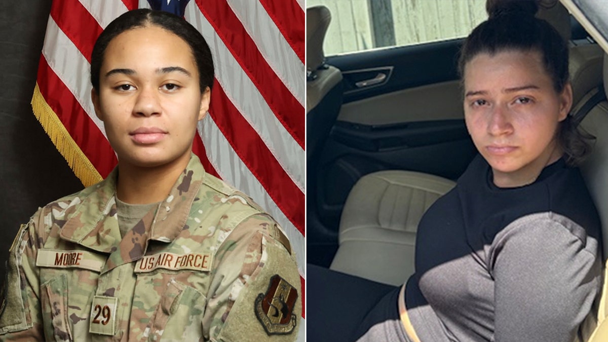 Ava moore in military fatigues and Daikerlyn Gonzalez in back of police vehicle