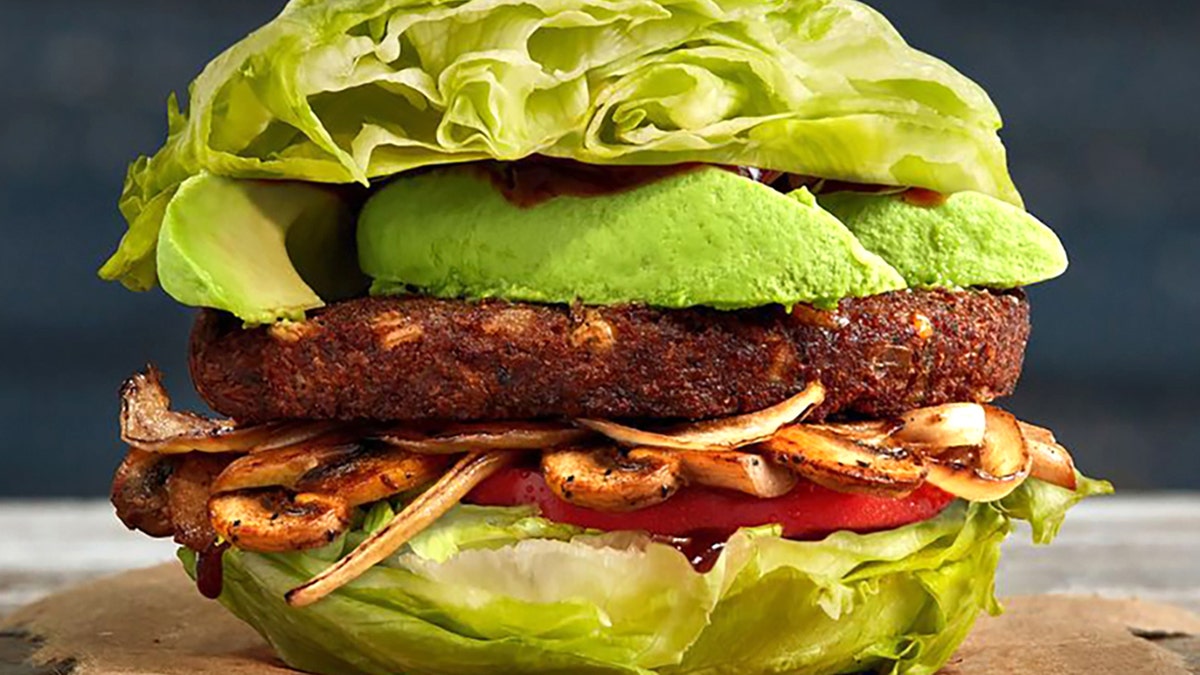 A vegan burger from Mooyah is shown.