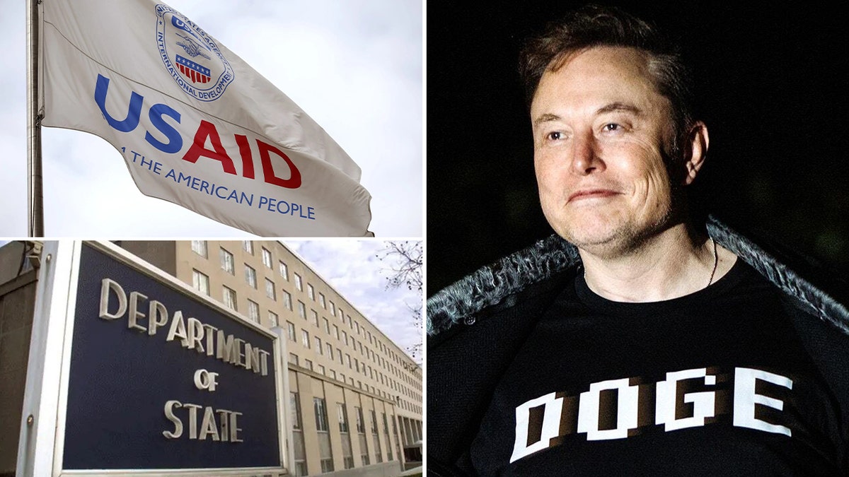 Bandeira da USAID, à esquerda; Elon Musk, ok