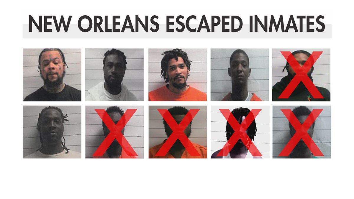 10 mugshot images of the New Orleans escapees with 5 of them with red X's over top their mugshot for those who have been captured