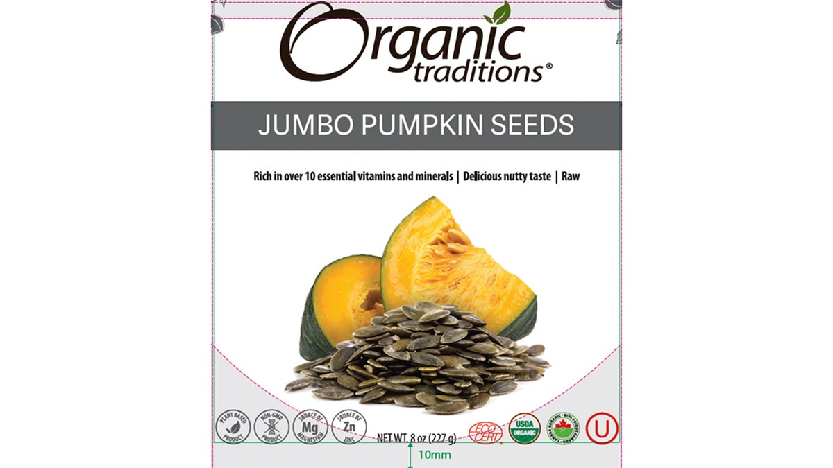 This is the package label for Organic Traditions Jumbo Pumpkin Seeds.